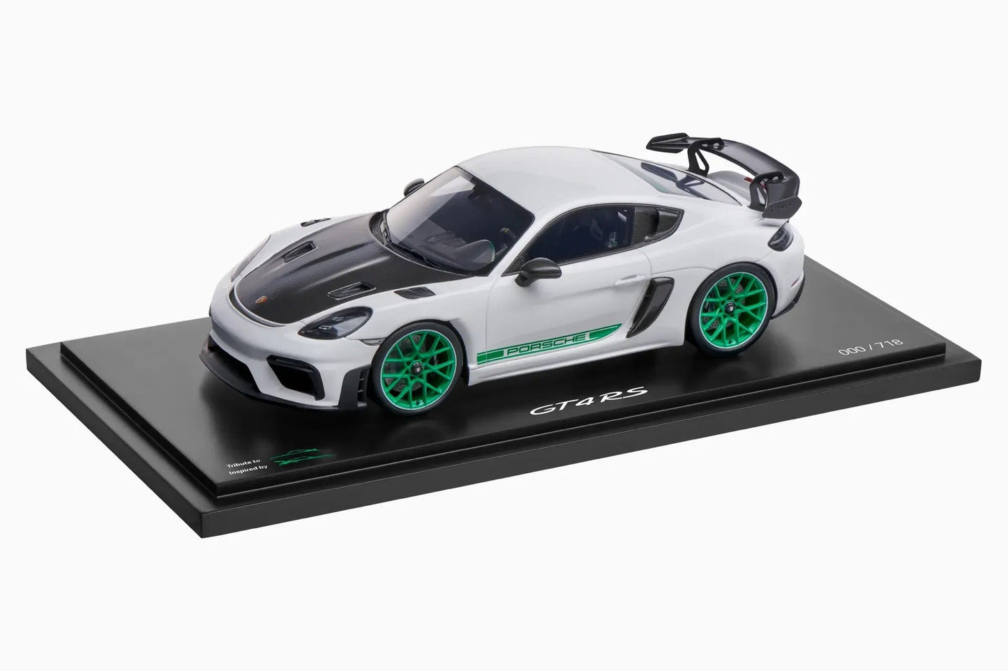 Spark-Model 2021 Porsche 718 Cayman GT4 RS (982) w/ Weissach Package White w/ Green Wheels WITH DISPLAY 1:18