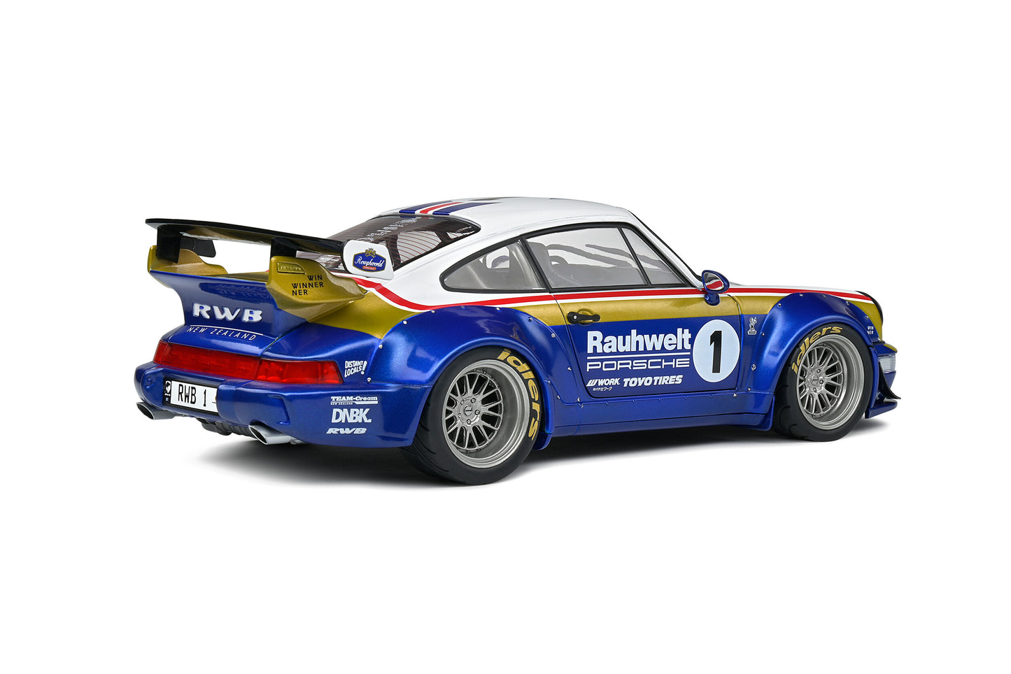 Solido 2022 Porsche 964 RWB Bodykit No 1 Rauhwelt Racing Livery Coupe Blue and White 1:18