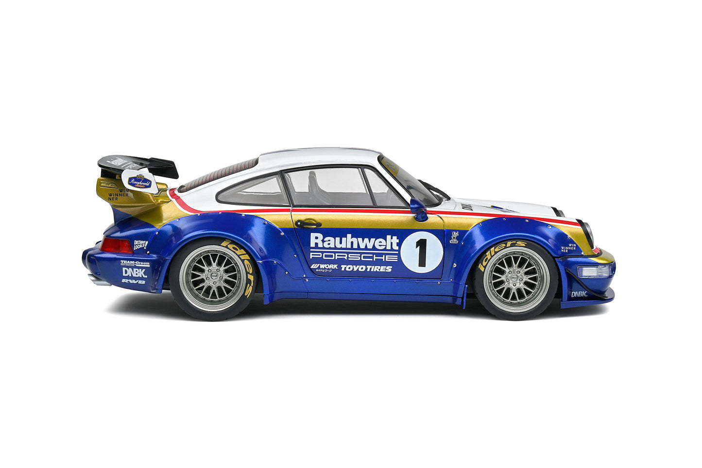 Solido 2022 Porsche 964 RWB Bodykit No 1 Rauhwelt Racing Livery Coupe Blue and White 1:18