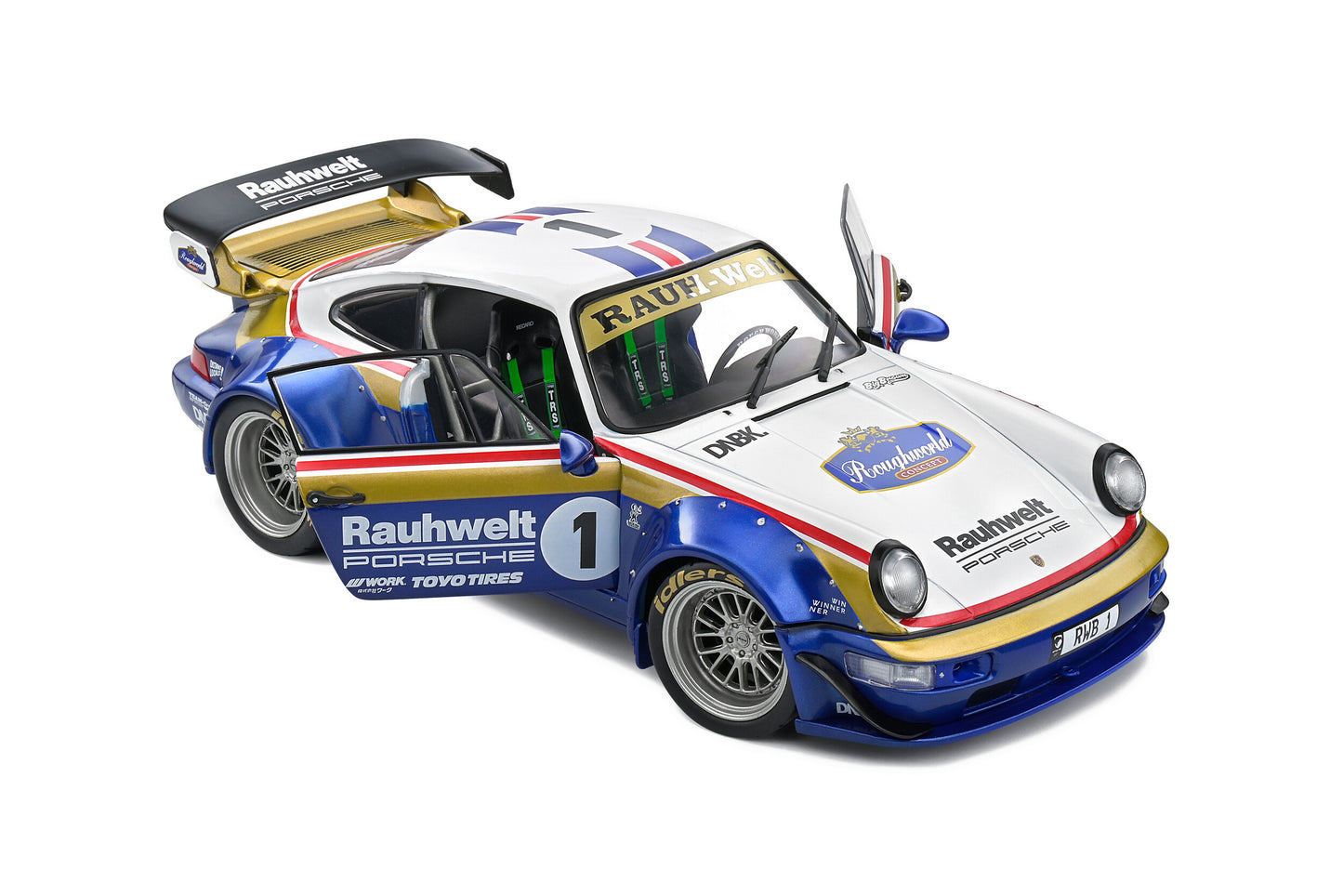 Solido 2022 Porsche 964 RWB Bodykit No 1 Rauhwelt Racing Livery Coupe Blue and White 1:18