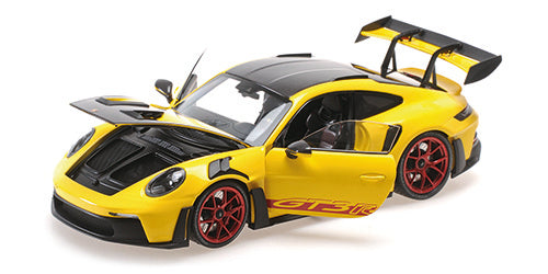 Minichamps 2023 Porsche 911 992 GT3 RS Yellow w/ Weissach Pkg, Pyro Red Wheels & Deco 1:18