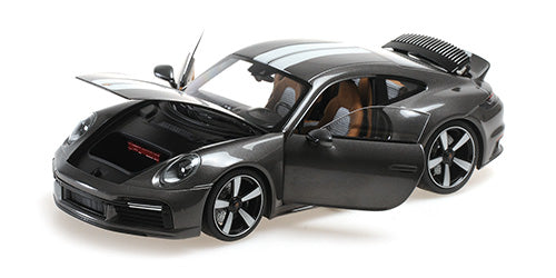 Minichamps 2022 Porsche 911 992 Sport Classic Grey w/ White Stripes, Houndstooth Interior 1:18