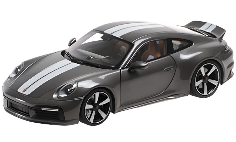 Minichamps 2022 Porsche 911 992 Sport Classic Grey w/ White Stripes, Houndstooth Interior 1:18