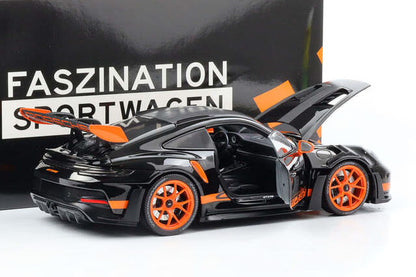 Minichamps 2022 Porsche 911 992 GT3 RS Weissach Pkg Black w/ Orange Wheels & Deco 1:18 LIMITED