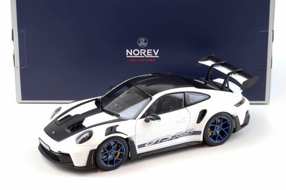 Norev 2022 Porsche 911 992 GT3 RS w/ Weissach Package White w/ Indigo Blue Wheels & Deco 1:18