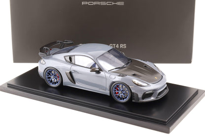 Spark-Model 2024 Porsche 718 Cayman GT4 RS (982) Arctic Grey w/ Indigo Blue Wheels 1:18