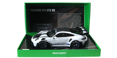 Minichamps 2022 Porsche 911 992 GT3 RS Grey Metallic w/ Weissach Package, Blue Deco & Wheels w/ Clamshell Box 1:18 LIMITED