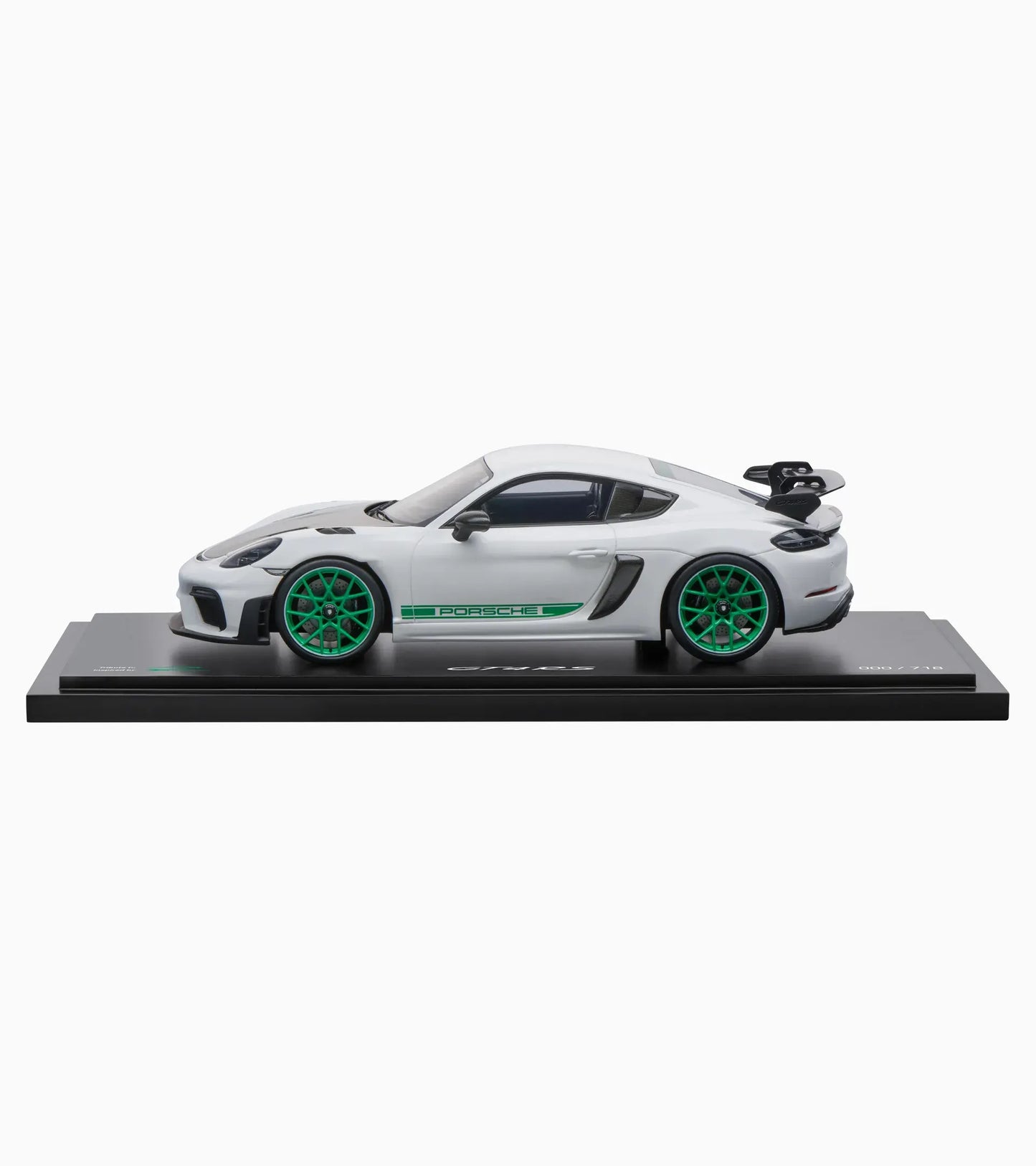 Spark-Model 2021 Porsche 718 Cayman GT4 RS (982) w/ Weissach Package White w/ Green Wheels WITH DISPLAY 1:18