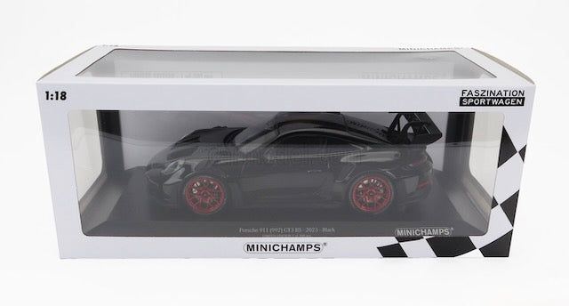 Minichamps 2023 Porsche 911 992 GT3 RS Black w/ Pyro Red Wheels 1:18 SEALED