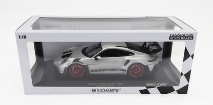 Minichamps 2023 Porsche 911 992 GT3 RS Silver w/ Pyro Red Wheels 1:18 SEALED