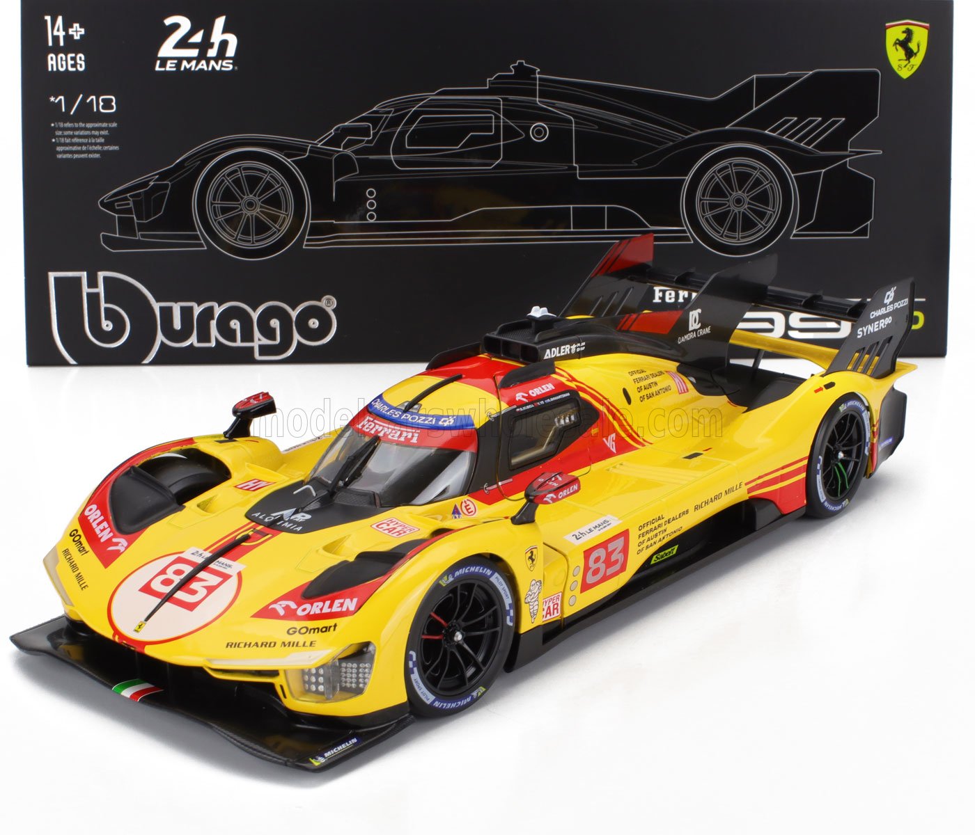 Bburago Ferrari 499P 3.0L Turbo V6 No 83 Team Ferrari AF Corse 2024 24hr Le Mans - Yellow 1:18 WITH DISPLAY