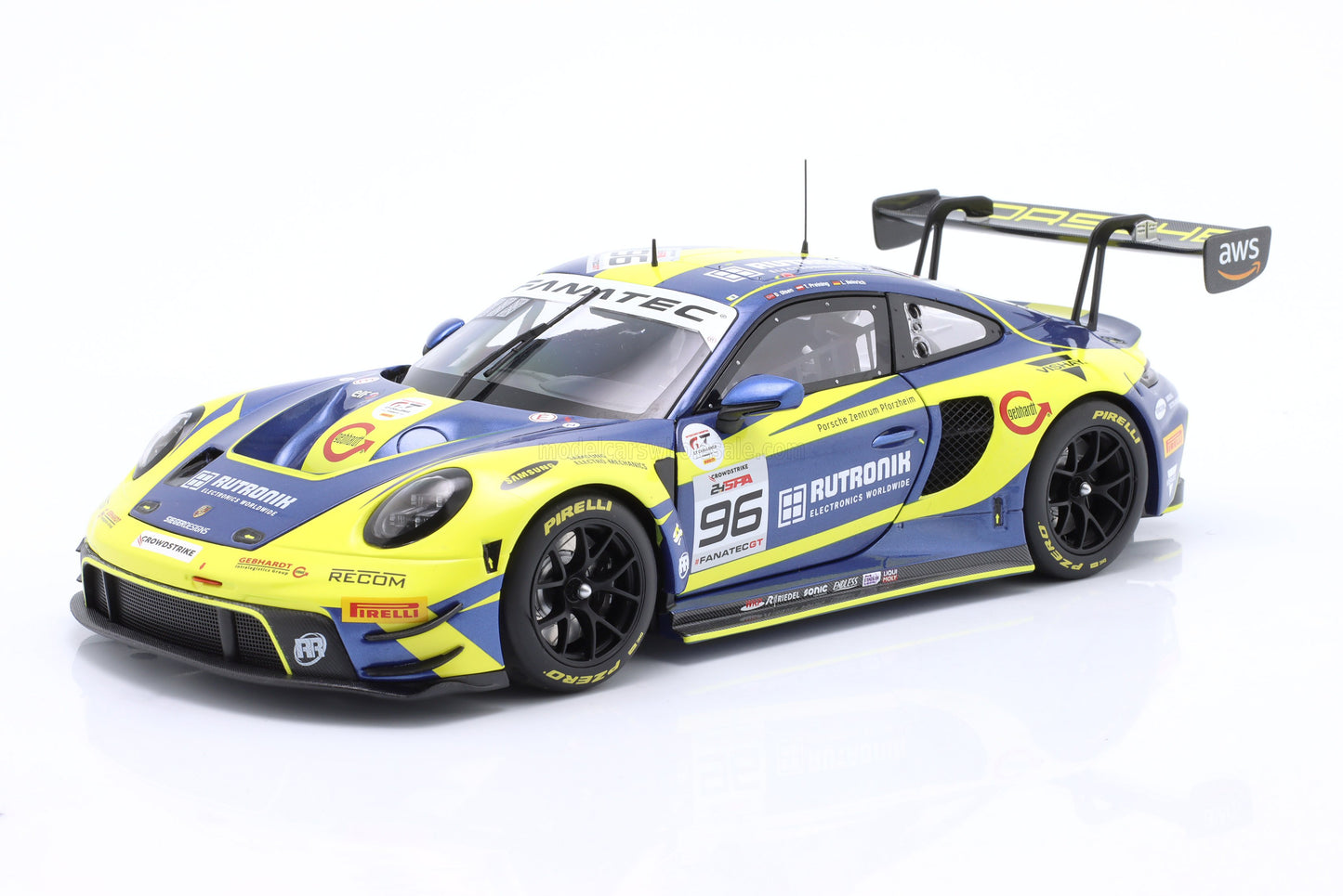 Minichamps Porsche 911 992 GT3 R Team Rutronik Racing No 96 24hr SPA 2023 Yellow & Blue 1:18