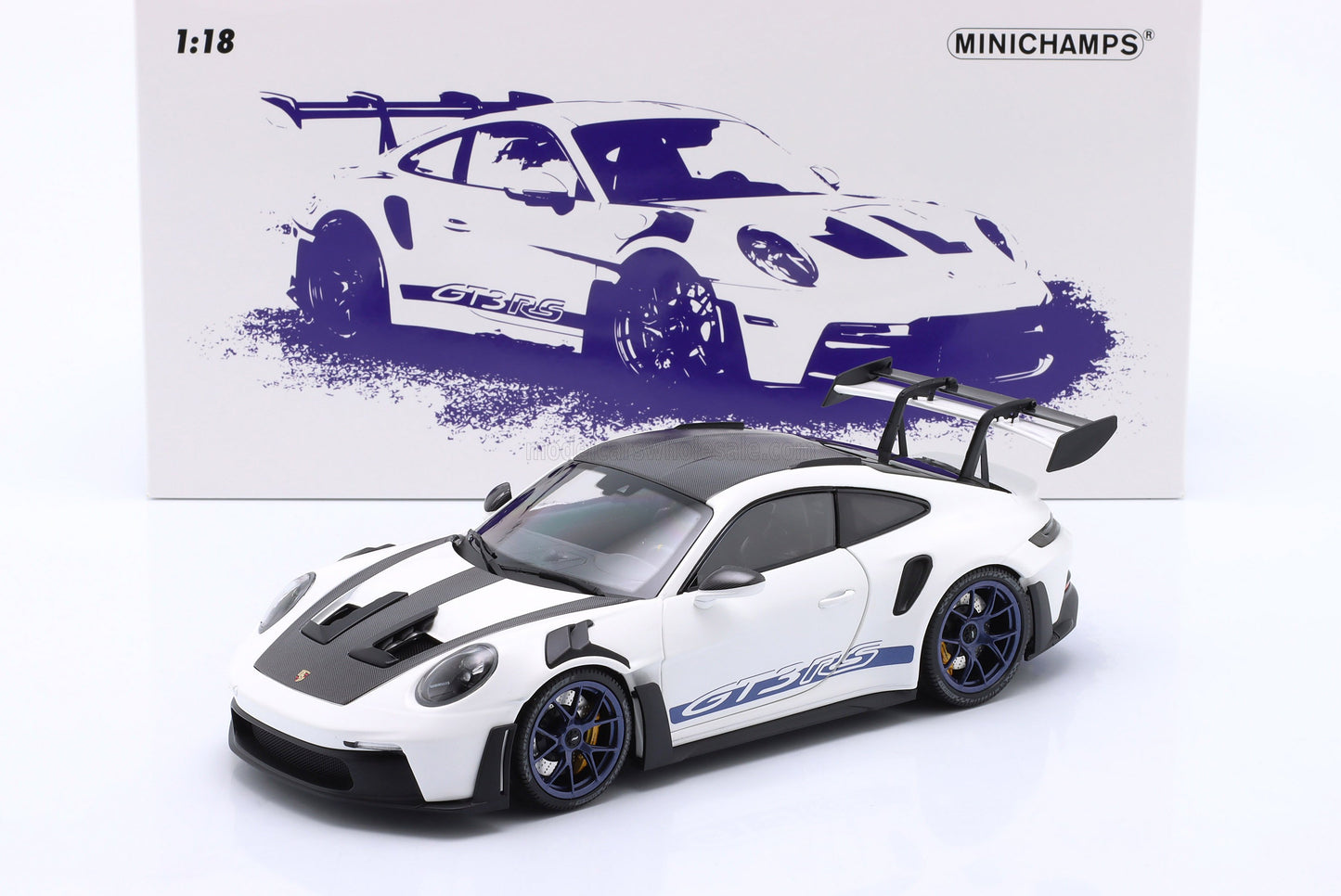 Minichamps 2022 Porsche 911 992 GT3 RS Weissach Pkg, White w/ Blue Wheels & Deco 1:18