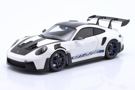 Minichamps 2022 Porsche 911 992 GT3 RS Weissach Pkg, White w/ Blue Wheels & Deco 1:18