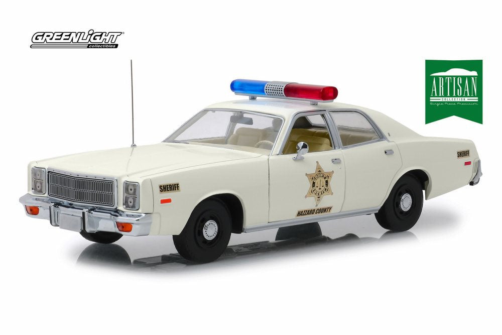 Greenlight 1977 Plymouth Fury Hazzard County Police Cruiser (Dukes of Hazzard) White 1:18