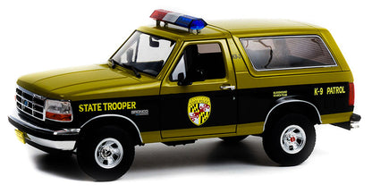 Greenlight 1996 Ford Bronco XLT Maryland State Trooper Police Truck Black/Green 1:18