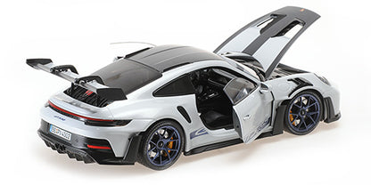 Minichamps 2022 Porsche 911 992 GT3 RS Grey Metallic w/ Weissach Package, Blue Deco & Wheels w/ Clamshell Box 1:18 LIMITED