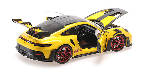 Minichamps 2023 Porsche 911 992 GT3 RS Yellow w/ Weissach Pkg, Pyro Red Wheels & Deco 1:18