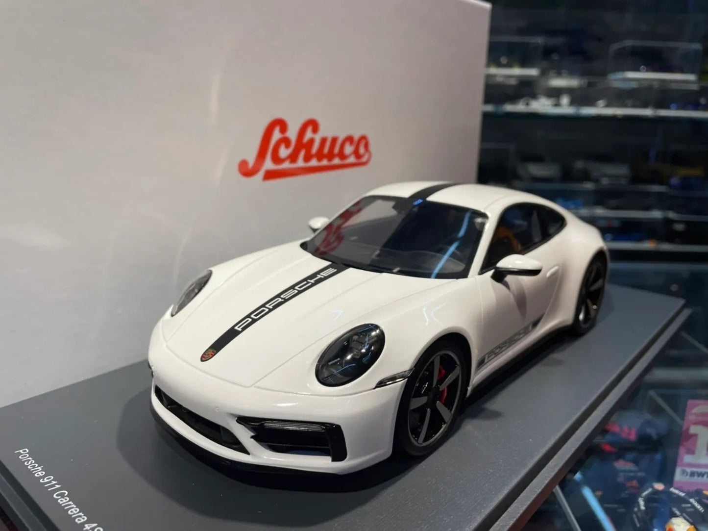 Schuco 2019 Porsche 911 992 Carrera 4S White w/ Black Deco and Display Case 1:18