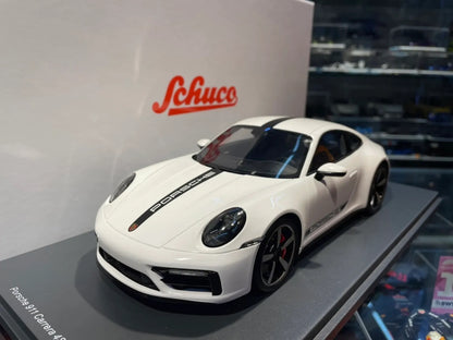 Schuco 2019 Porsche 911 992 Carrera 4S White w/ Black Deco and Display Case 1:18