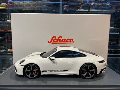 Schuco 2019 Porsche 911 992 Carrera 4S White w/ Black Deco and Display Case 1:18