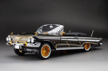 Sun-Star 1961 Chevy Impala Open Convertible Lowrider w Movable Suspension Black w/ Gold Wheels 1:18