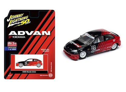 Johnny Lightning 1998 Honda Civic Hatchback Yokohama Advan Black and Red 1:64 LIMITED