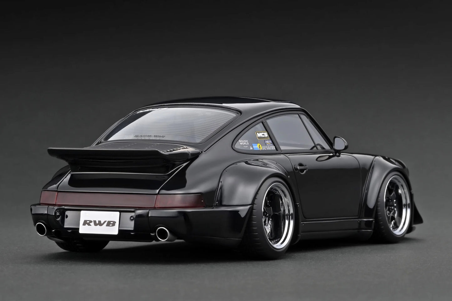 Ignition-Model Porsche 911 964 RWB w/ Whale Tail, Black w/ Black Work Wheels 1:18