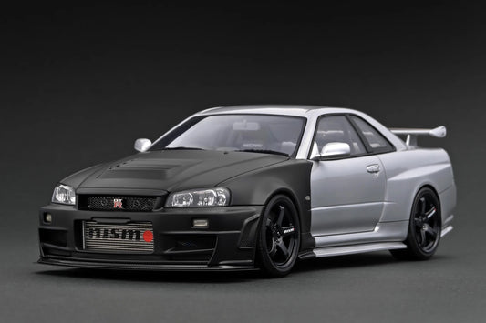 Ignition-Model Nissan Nismo GT-R R34 (BNR34) Z-tune Test 2004 Sazuka RHD Silver and Black 1:18