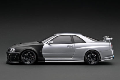 Ignition-Model Nissan Nismo GT-R R34 (BNR34) Z-tune Test 2004 Sazuka RHD Silver and Black 1:18