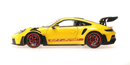 Minichamps 2023 Porsche 911 992 GT3 RS Yellow w/ Weissach Pkg, Pyro Red Wheels & Deco 1:18