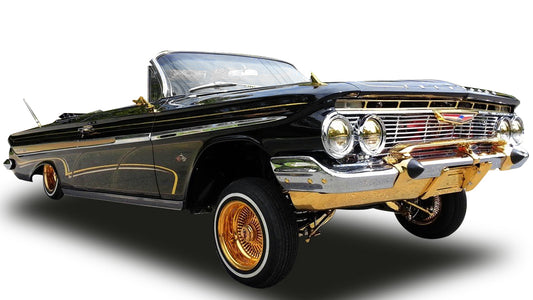 Sun-Star 1961 Chevy Impala Open Convertible Lowrider w Movable Suspension Black w/ Gold Wheels 1:18