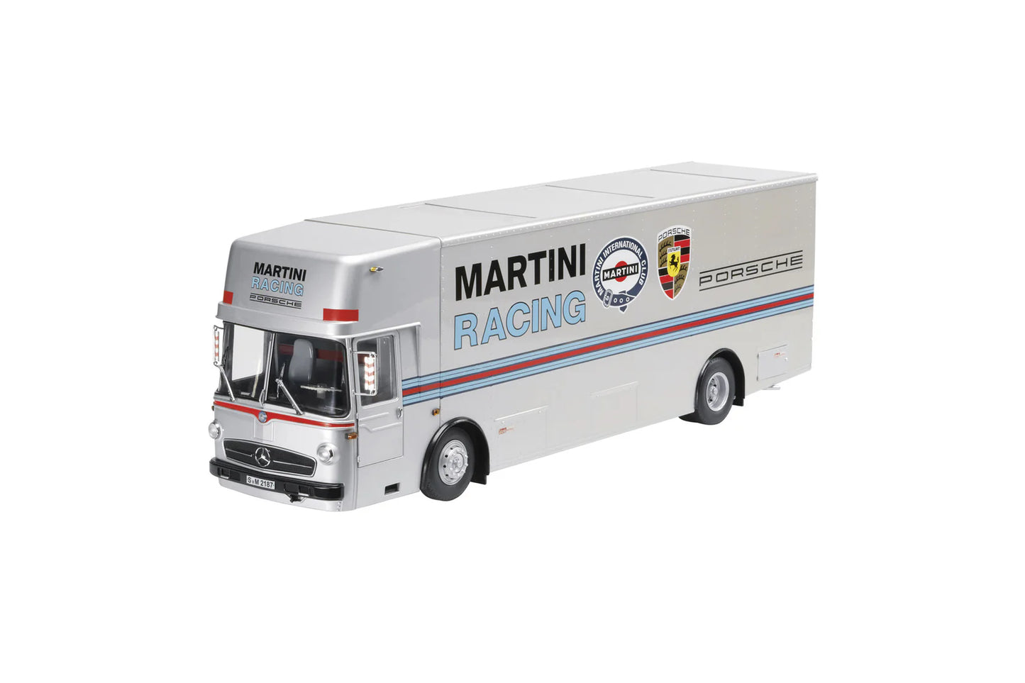 Schuco Mercedes O317 Porsche Martini Race Car Transporter Silver 1:18