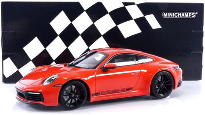 Minichamps 2019 Porsche 911 992 Carrera 4S Coupe Lava Orange w/ Black Wheels and Deco 1:18 SEALED