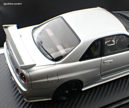 Ignition-Model Nissan Nismo GT-R R34 (BNR34) Z-tune Test 2004 Sazuka RHD Silver and Black 1:18