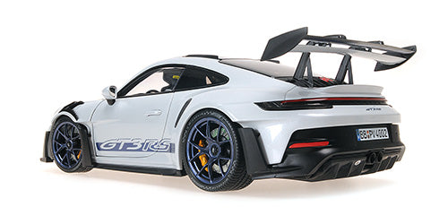 Minichamps 2022 Porsche 911 992 GT3 RS Grey Metallic w/ Weissach Package, Blue Deco & Wheels w/ Clamshell Box 1:18 LIMITED