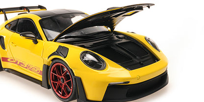 Minichamps 2023 Porsche 911 992 GT3 RS Yellow w/ Weissach Pkg, Pyro Red Wheels & Deco 1:18