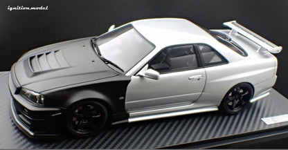 Ignition-Model Nissan Nismo GT-R R34 (BNR34) Z-tune Test 2004 Sazuka RHD Silver and Black 1:18