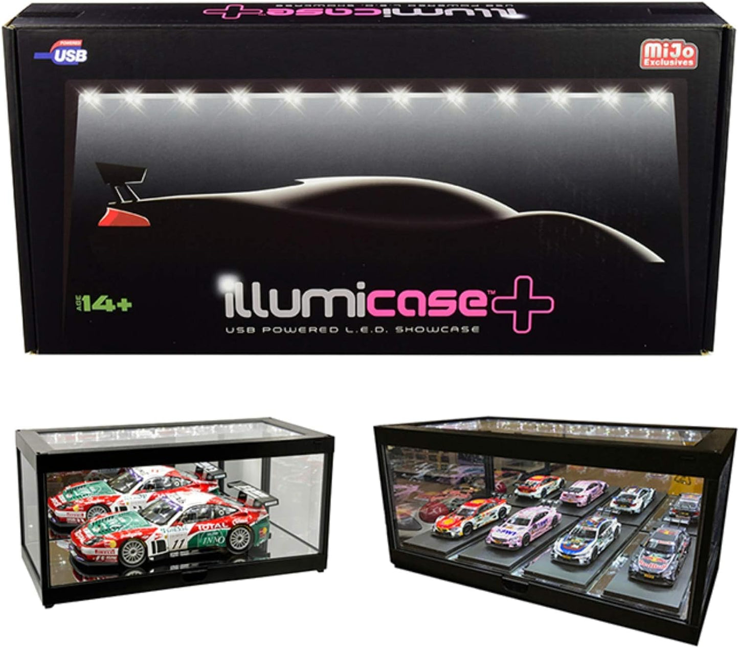 Mijo Exclusives Illumicase Plus 14 Inch Black Plastic Display Case w/ LED Lighting & Mirror 1:18