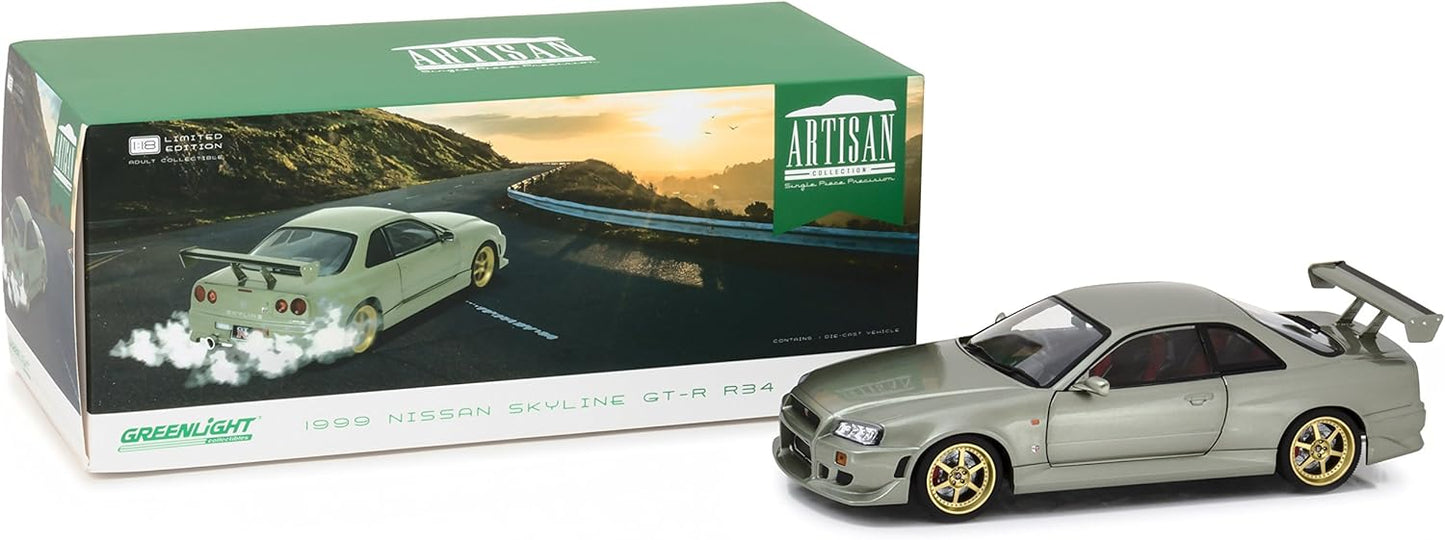 Greenlight 1999 Nissan Skyline GT-R (R34) Millennium Jade Green w/  Gold Wheels 1:18