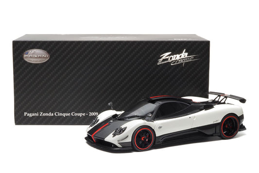 Almost-Real 2009 Pagani Zonda Cinque Coupe RHD Bianco Benny White & Carbon w/ Red Accents 1:18