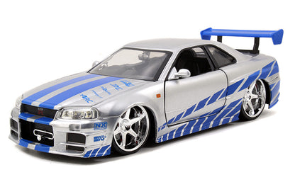 Brian's Nissan Skyline GT-R (R34) in Candy Silver with Blue Stripes - 2 Fast 2 Furious 1:24