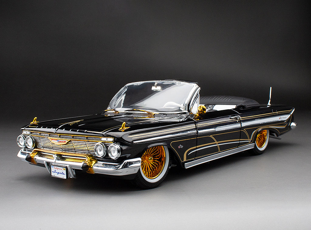 Sun-Star 1961 Chevy Impala Open Convertible Lowrider w Movable Suspension Black w/ Gold Wheels 1:18