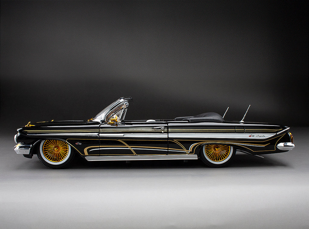 Sun-Star 1961 Chevy Impala Open Convertible Lowrider w Movable Suspension Black w/ Gold Wheels 1:18