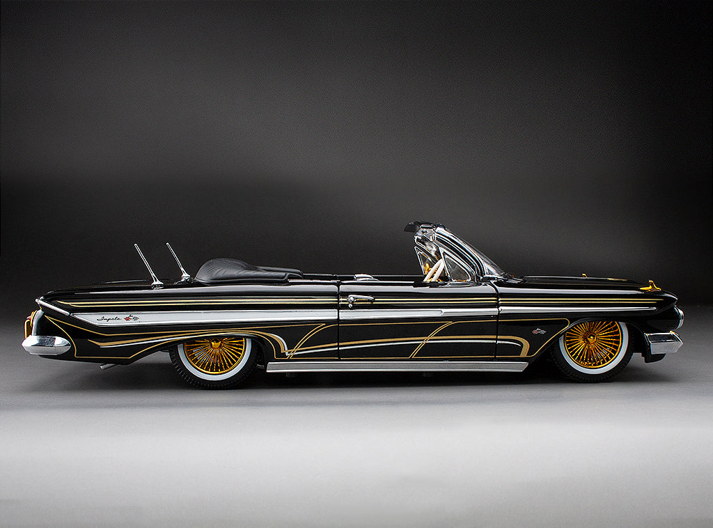 Sun-Star 1961 Chevy Impala Open Convertible Lowrider w Movable Suspension Black w/ Gold Wheels 1:18