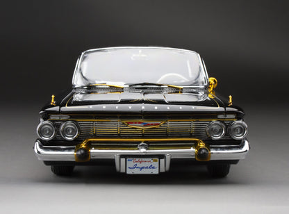 Sun-Star 1961 Chevy Impala Open Convertible Lowrider w Movable Suspension Black w/ Gold Wheels 1:18