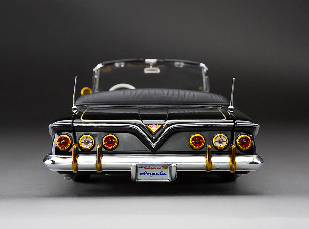 Sun-Star 1961 Chevy Impala Open Convertible Lowrider w Movable Suspension Black w/ Gold Wheels 1:18