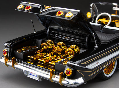 Sun-Star 1961 Chevy Impala Open Convertible Lowrider w Movable Suspension Black w/ Gold Wheels 1:18