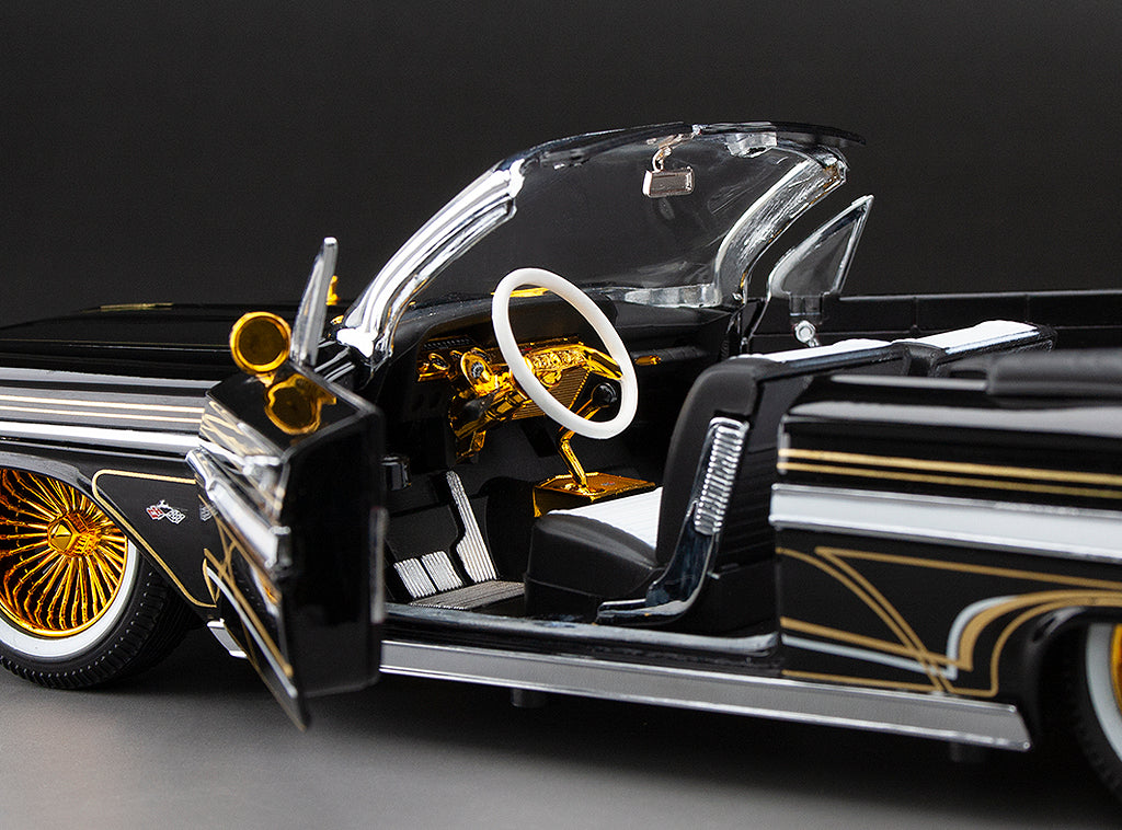 Sun-Star 1961 Chevy Impala Open Convertible Lowrider w Movable Suspension Black w/ Gold Wheels 1:18