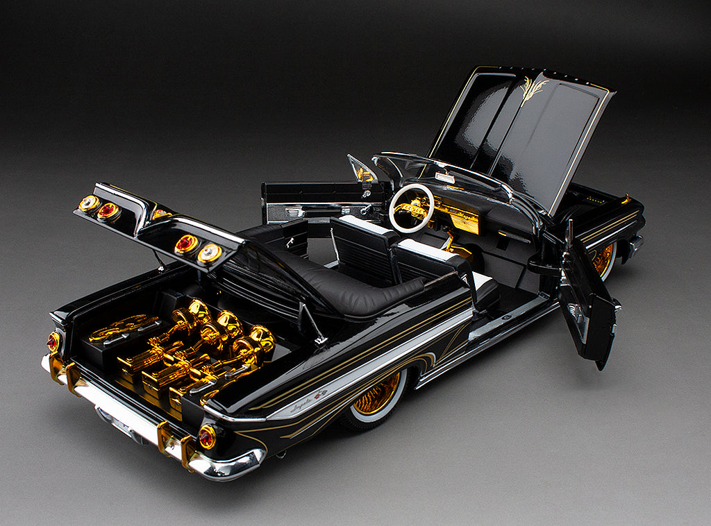 Sun-Star 1961 Chevy Impala Open Convertible Lowrider w Movable Suspension Black w/ Gold Wheels 1:18